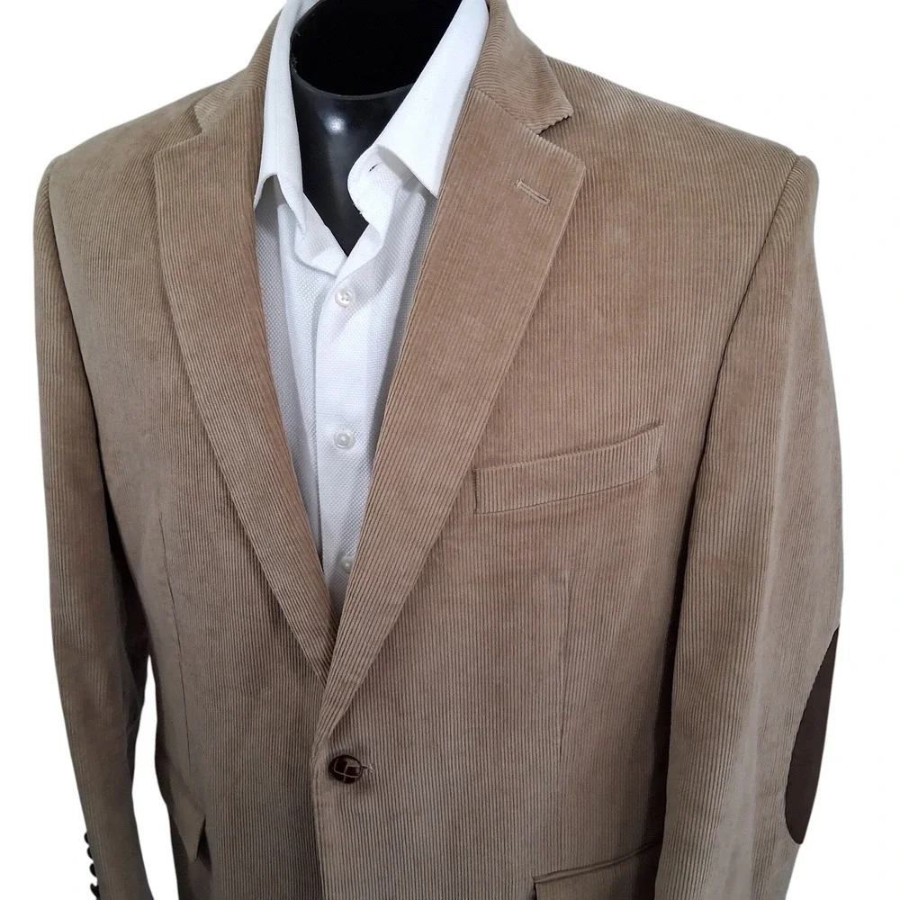 Chaps Blazer Mens 44R Solid Tan Corduroy Sport Coat Elbow Patches Paisley Lining